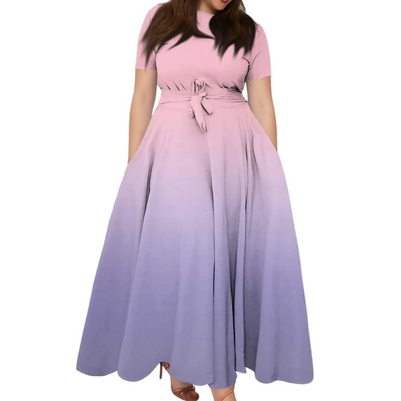 Women's Plus Size Casual Fashion Gradient Print Round Neck Short Sleeve Pocket Tie-Waist Swing Dress - Light Purple XXL