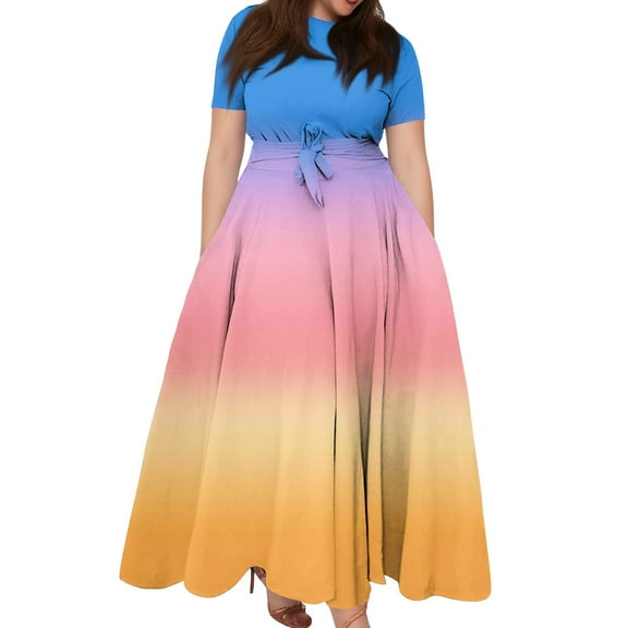 Women's Plus Size Casual Fashion Gradient Print Round Neck Short Sleeve Pocket Tie-Waist Swing Dress - Pink XL