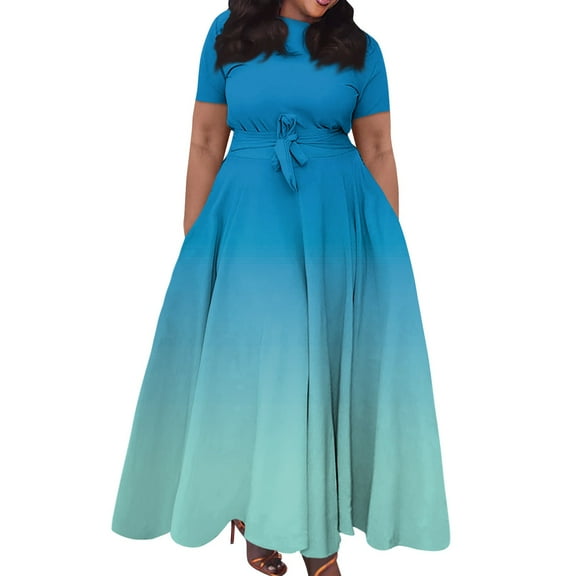 Women's Plus Size Casual Fashion Gradient Print Round Neck Short Sleeve Pocket Tie-Waist Swing Dress - Sky Blue XXL