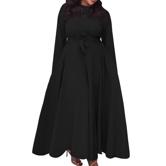 Women's Plus Size Casual Fashion Solid Color Round Neck Long Sleeve Pocket Tie-Waist Swing Dress - Black XL