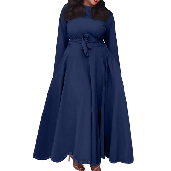 Women's Plus Size Casual Fashion Solid Color Round Neck Long Sleeve Pocket Tie-Waist Swing Dress - Dark Blue XXL