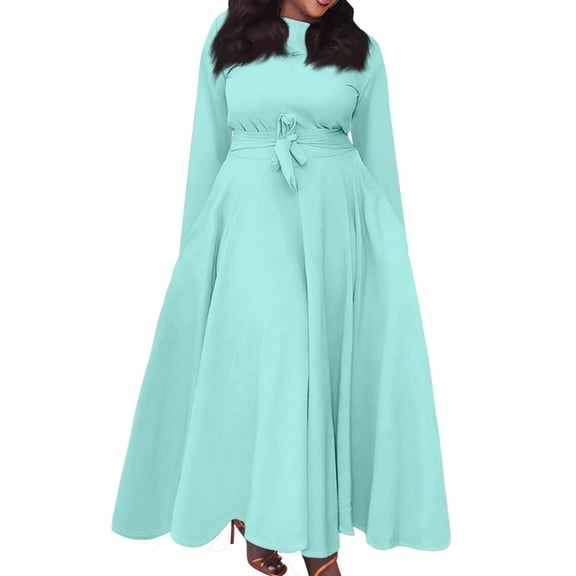 Women's Plus Size Casual Fashion Solid Color Round Neck Long Sleeve Pocket Tie-Waist Swing Dress - Light Blue XL