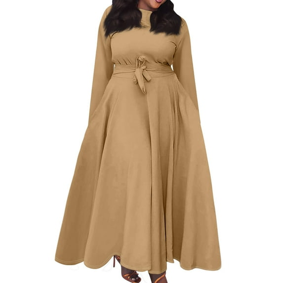 Women's Plus Size Casual Fashion Solid Color Round Neck Long Sleeve Pocket Tie-Waist Swing Dress - Light Brown 4XL