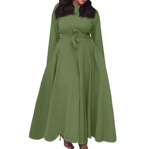 Women's Plus Size Casual Fashion Solid Color Round Neck Long Sleeve Pocket Tie-Waist Swing Dress - Mint Pink 5XL