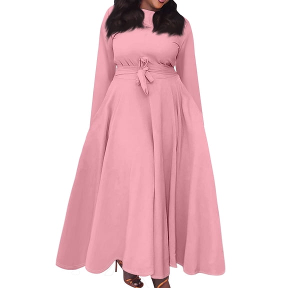 Women's Plus Size Casual Fashion Solid Color Round Neck Long Sleeve Pocket Tie-Waist Swing Dress - Pink 5XL