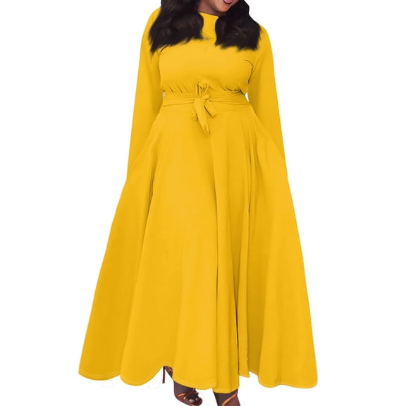Women's Plus Size Casual Fashion Solid Color Round Neck Long Sleeve Pocket Tie-Waist Swing Dress - Yellow 4XL