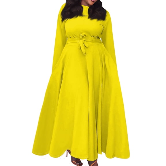 Women's Plus Size Casual Fashion Solid Color Round Neck Long Sleeve Pocket Tie-Waist Swing Dress - Yellow XL