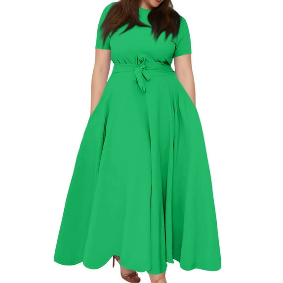 Women's Plus Size Casual Fashion Solid Color Round Neck Short Sleeve Pocket Tie-Waist Swing Dress - Fluorescent Pink 4XL