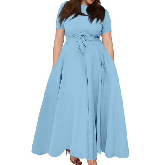 Women's Plus Size Casual Fashion Solid Color Round Neck Short Sleeve Pocket Tie-Waist Swing Dress - Light Blue XXXL