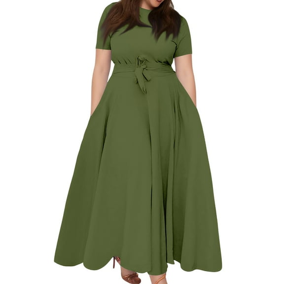 Women's Plus Size Casual Fashion Solid Color Round Neck Short Sleeve Pocket Tie-Waist Swing Dress - Pink XL