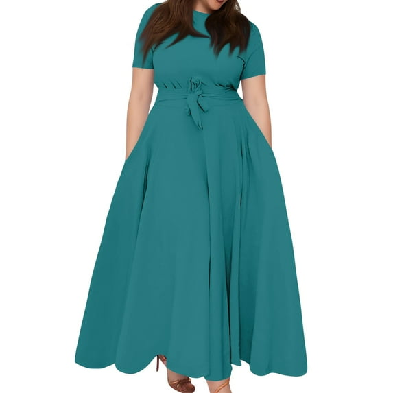 Women's Plus Size Casual Fashion Solid Color Round Neck Short Sleeve Pocket Tie-Waist Swing Dress - Turquoise XL