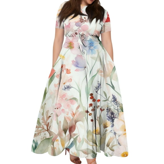 Women's Plus Size Casual Fashion Striped Floral Print Round Neck Short Sleeve Pocket Tie-Waist Swing Dress - Mint Pink 4XL