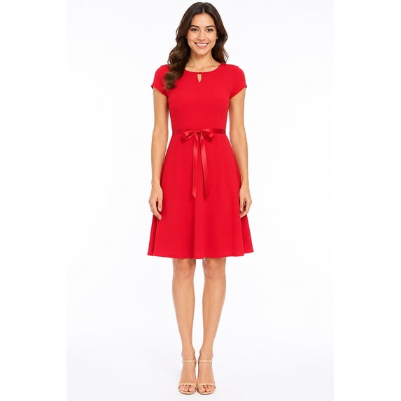 Women's Casual Solid Flared A Line Swing Dresses Short Sleeve With Belt Trim