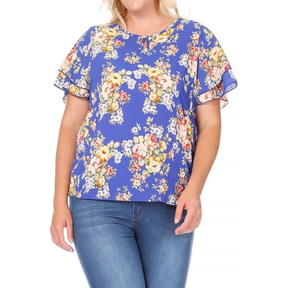 Women's Plus Size Casual Floral Flowy Short Sleeve Round Neck Key Hole Tee Blouse Top