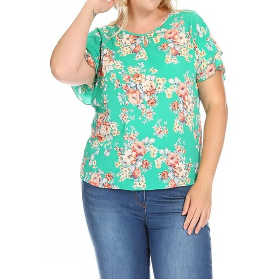 Women's Plus Size Casual Floral Flowy Short Sleeve Round Neck Key Hole Tee Blouse Top