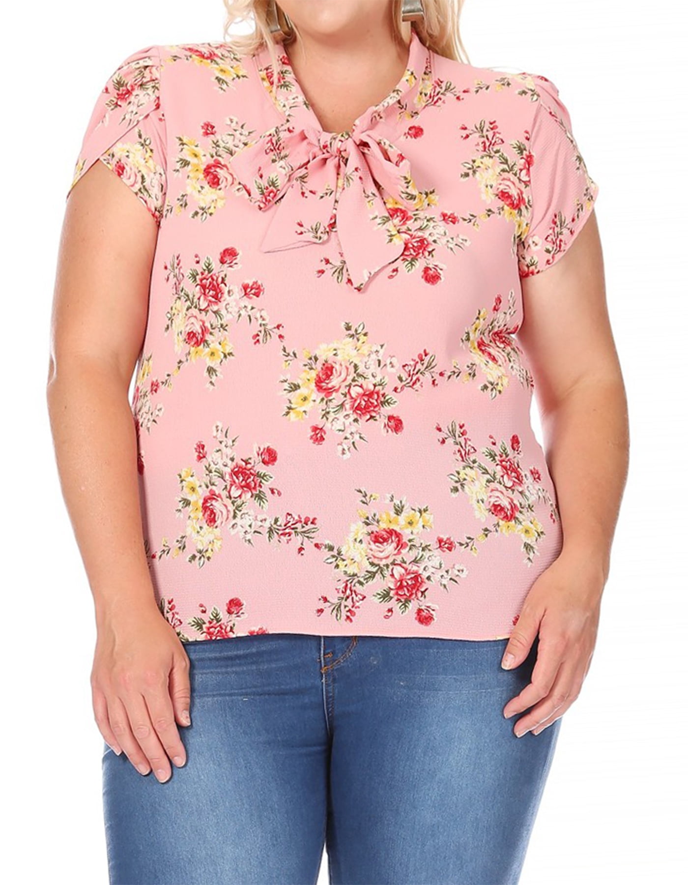 Bow Print Tie Neck Short Sleeve Blouse