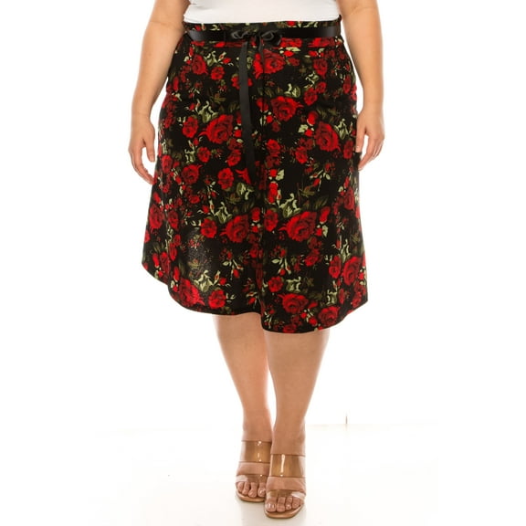 Women's Plus Size Casual Floral Print A Line Waist Bow Tie Belted Knee Length Midi Skirt