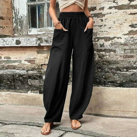 Women's Plus Size Casual High Expandable Waist Solid Color Polyester Wide Leg Sweatpants with Pockets ,Black