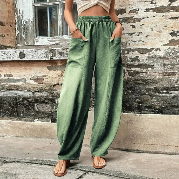 Women's Plus Size Casual High Expandable Waist Solid Color Polyester Wide Leg Sweatpants with Pockets ,Green