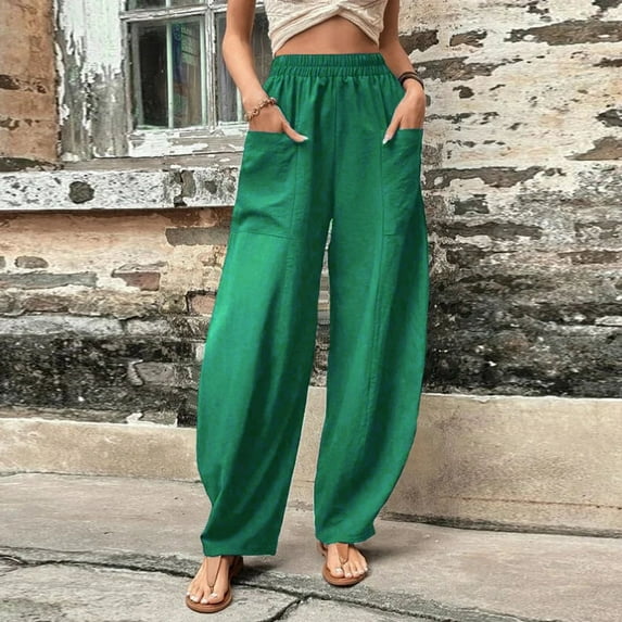 Women's Plus Size Casual High Expandable Waist Solid Color Polyester Wide Leg Sweatpants with Pockets ,Green