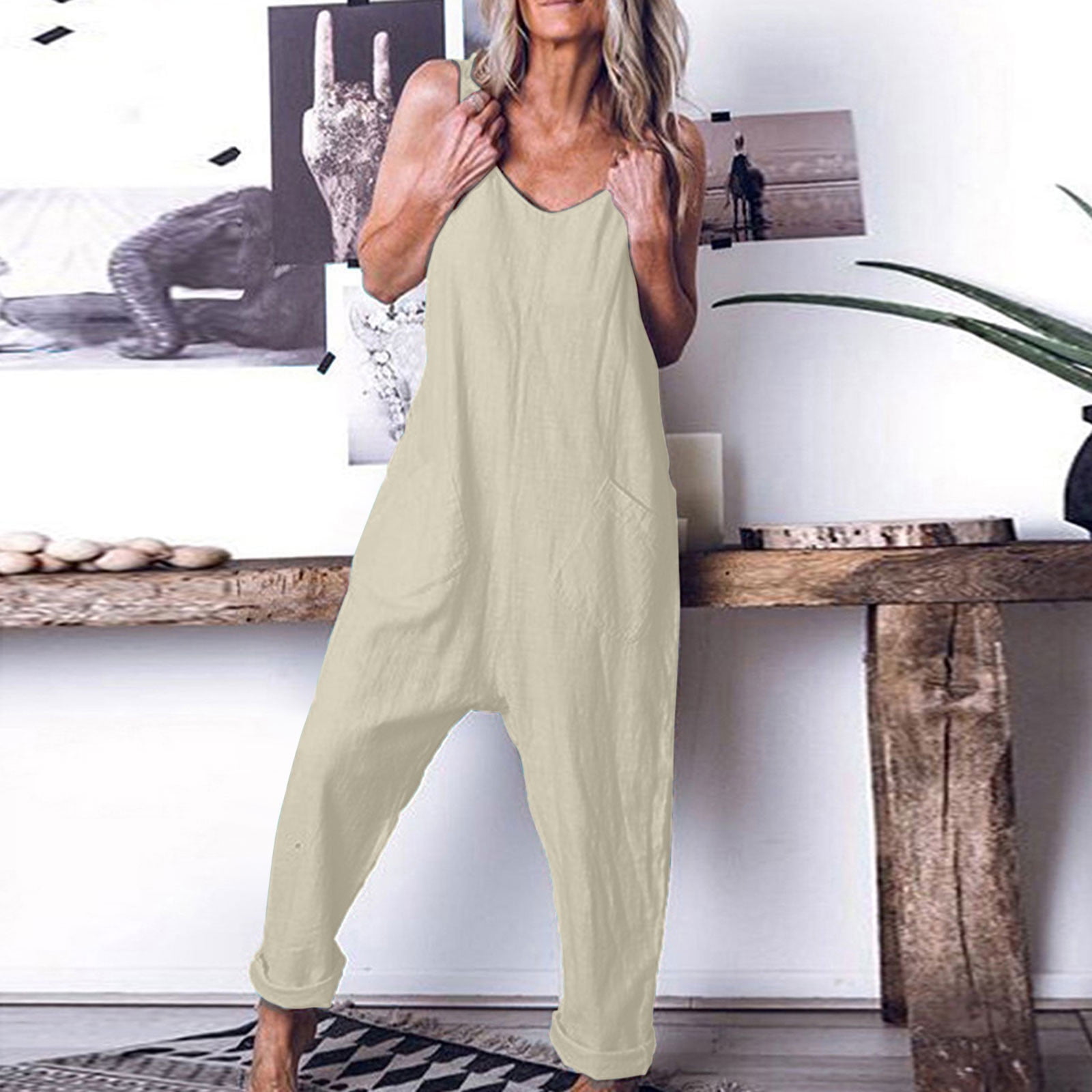 Voncos Womens Loose Pants Women's Casual Loose Baggy Pockets Pants Fashion  Playsuit Trousers Overalls Cotton And Linen Pants Vacation Solid Cotton