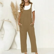 Women's Plus Size Casual Jumpers Loose Baggy Solid Color Sleeveless Jumpsuit Fashion Playsuit Trousers Overalls Cotton And Linen Jumpsuit with Pocket on Clearance