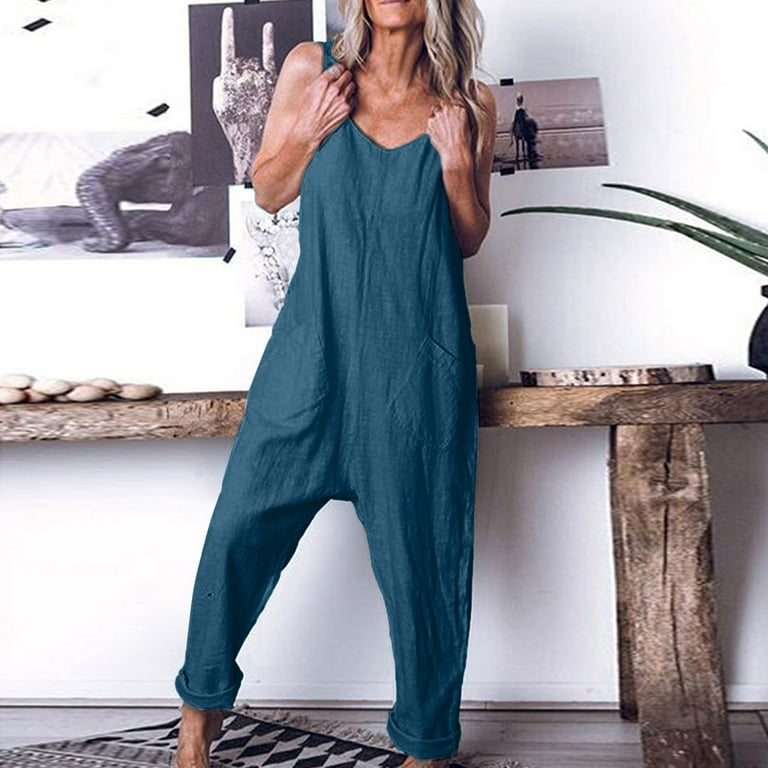 Women's Plus Size Casual Jumpers Loose Baggy Solid Color Sleeveless  Jumpsuit Fashion Playsuit Trousers Overalls Cotton And Linen Jumpsuit with  Pocket