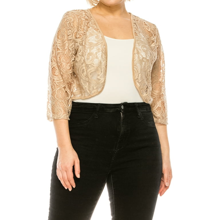 Women s Plus Size Casual Lace Bolero Cardigan 3 4 Sleeve Sheer Cover Up Jacket