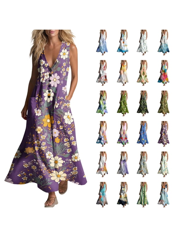 Women's Plus Size Casual Long Dresses Casual Printed Sleeveless Pocket Maxi Dress, Loose V‑Neck Button Down for Daily Vacation Beach Parties& Summer Outings