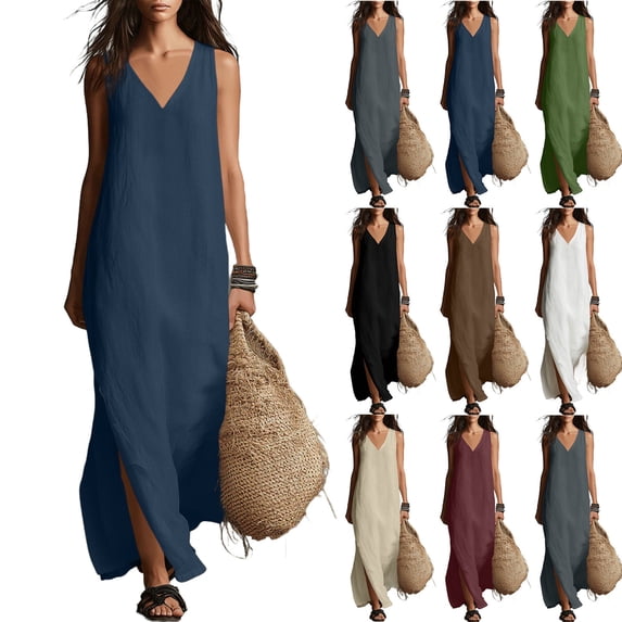 Women's Plus Size Casual Long Dresses V‑Neck Sleeveless Solid Color Cotton‑Linen Split Hem Long Dress for Daily Vacation Beach Parties& Summer Outings