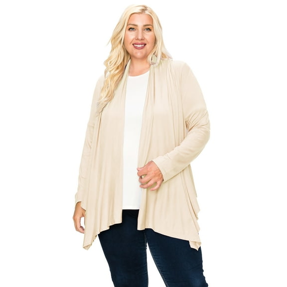 Moa Collection Women's Plus Size Casual Long Sleeve Drape Open Front Cardigan