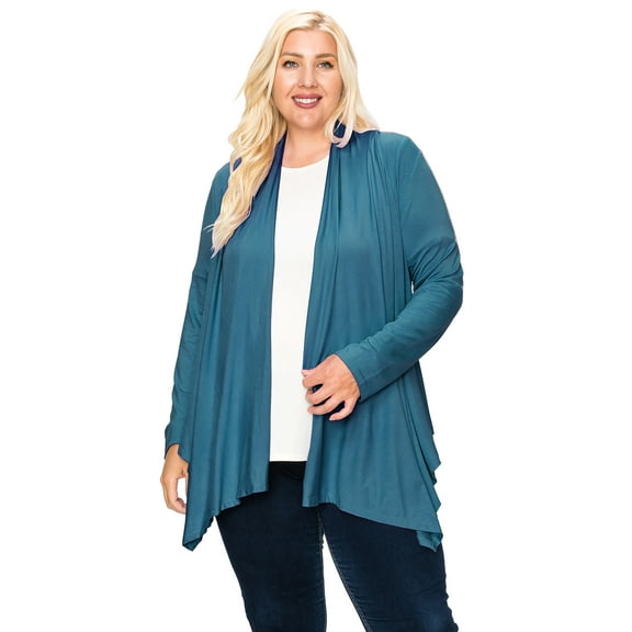 Moa Collection Women's Plus Size Casual Long Sleeve Drape Open Front Cardigan