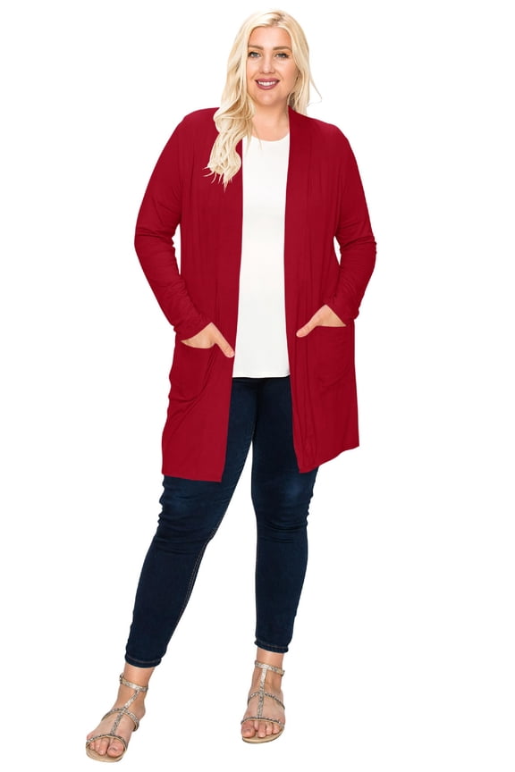 Women's Plus Size Casual Long Sleeve Loose Fit Solid Side Pockets Open Cardigan