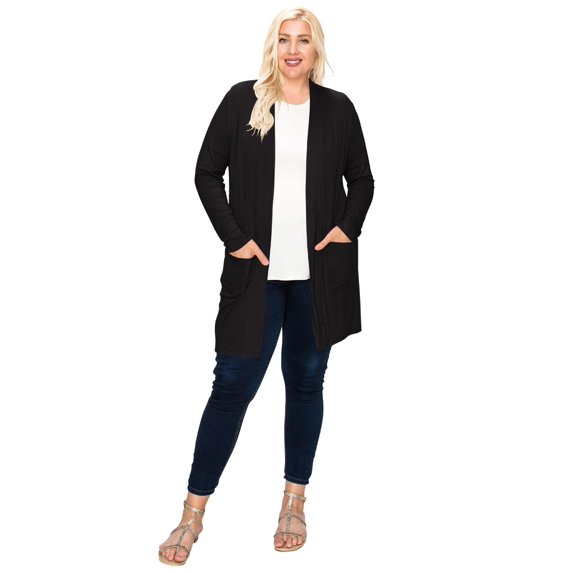 Women's Plus Size Casual Long Sleeve Loose Fit Solid Side Pockets Open Cardigan