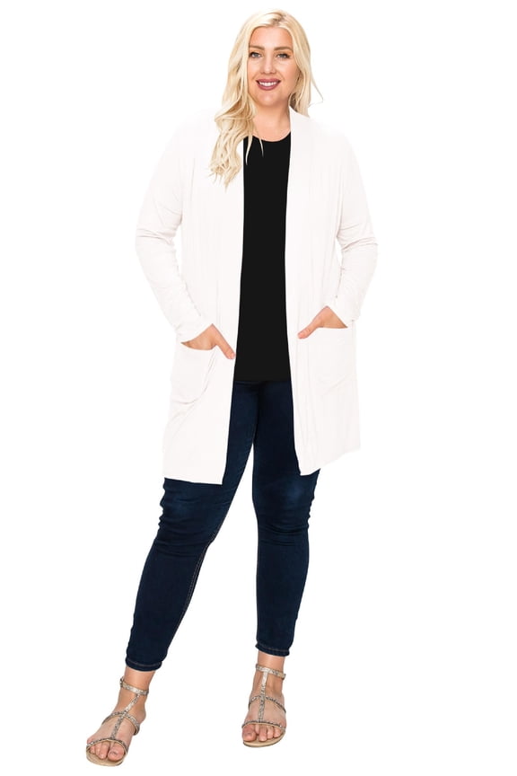 Women's Plus Size Casual Long Sleeve Loose Fit Solid Side Pockets Open Cardigan