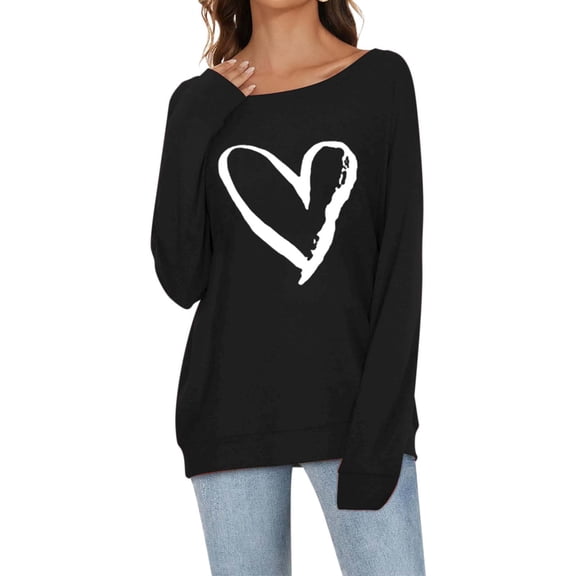 Women's Plus Size Casual Long Sleeve Off Shoulder Top Heart Pattern Blouse Comfortable Stylish Loose Fit Tunic Shirt Feminine Fashion