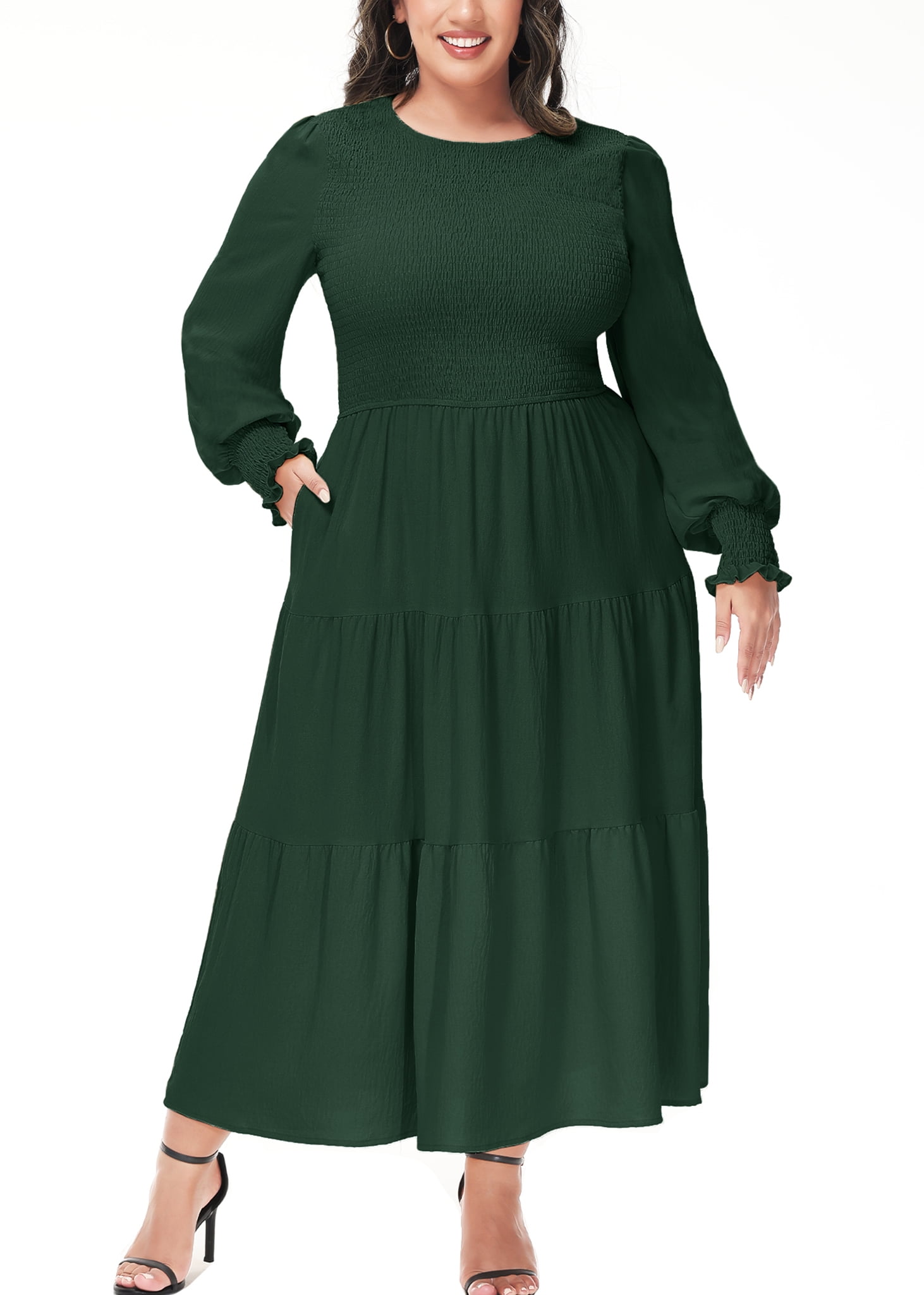 Women's Plus Size Casual Long Sleeve Smocked Dress Crewneck Flowy Tiered  Midi Dress,4X-Large,Green - Walmart.com