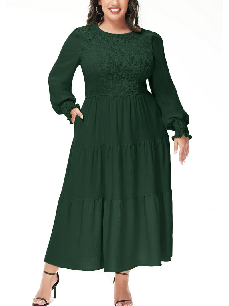 Women's Plus Size Casual Long Sleeve Smocked Dress Crewneck Flowy