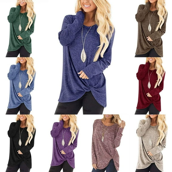 Women's Plus Size Casual Long Sleeve Twist Knot Tunics Tops Blouses Tshirts for Women