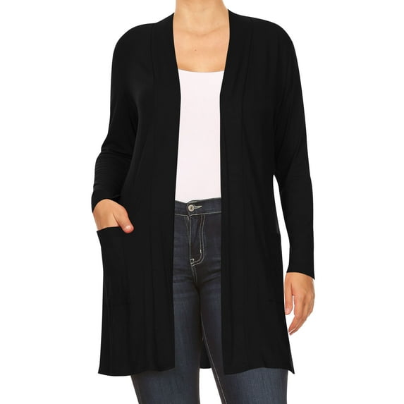 Women's Plus Size Casual Long Sleeves Loose Fit Side Pockets Solid Open Cardigan