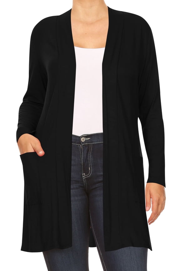 Women's Plus Size Casual Long Sleeves Loose Fit Side Pockets Solid Open Cardigan