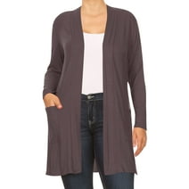Women's Plus Size Casual Long Sleeves Loose Fit Side Pockets Solid Open Cardigan