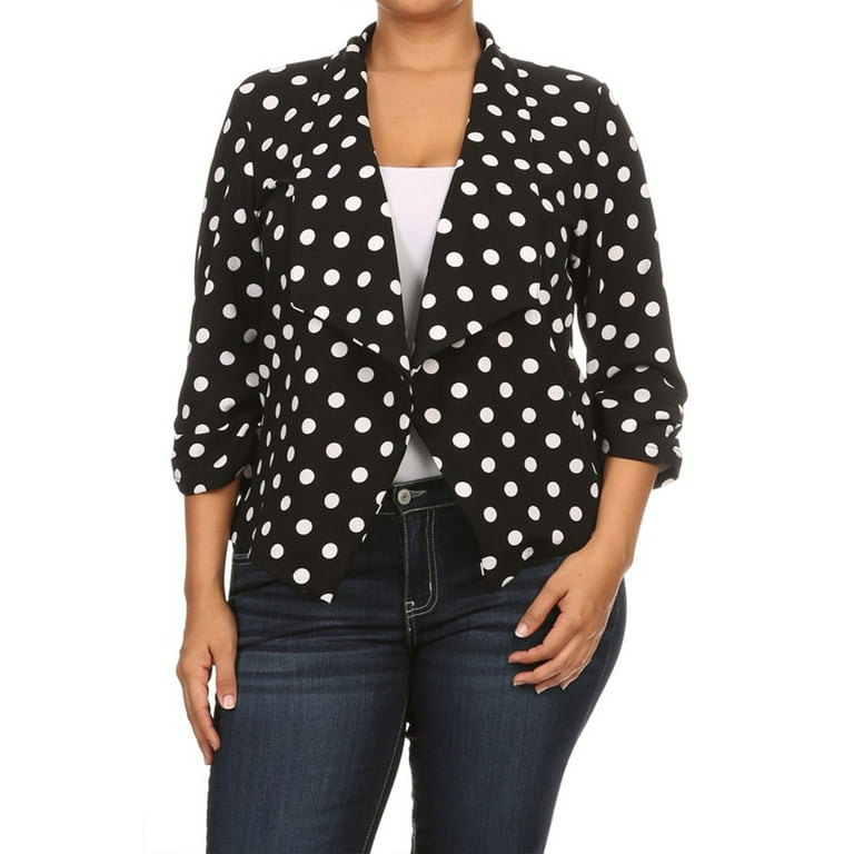 Women s Plus Size Casual Open Front Polka Dot Roll Up Sleeve