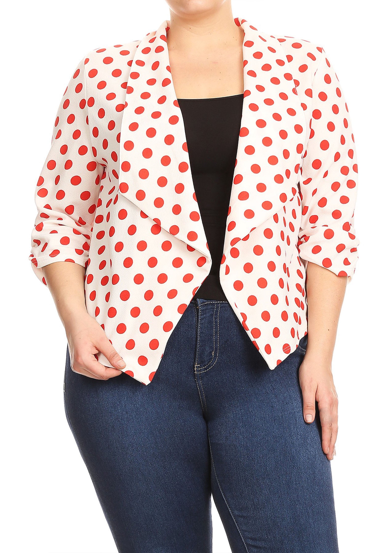 Women's Plus Size Casual Open Front Polka Dot Roll Up Sleeve Blazer ...