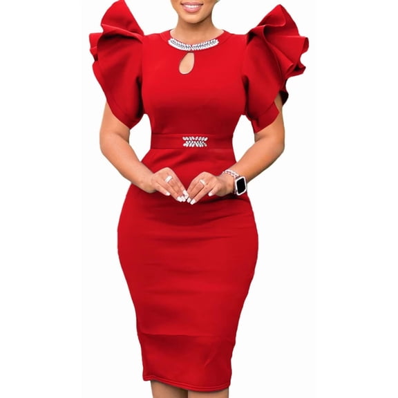 Women's Plus Size Casual Party Hollowed-Out Dress Leaf Sleeve Rhinestone Dress