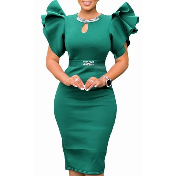 Women's Plus Size Casual Party Hollowed-Out Dress Leaf Sleeve Rhinestone Dress
