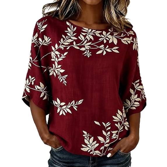 Women's Plus Size Casual Printed Blouse Short Sleeve Shirt Tunic Top Flowy Red XL