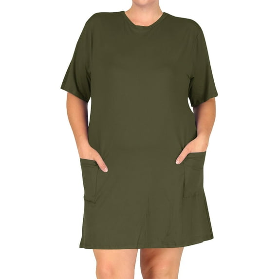 Women's Plus Size Casual Relaxed Fit Short Sleeves Front Pockets Solid T-Shirt Dress