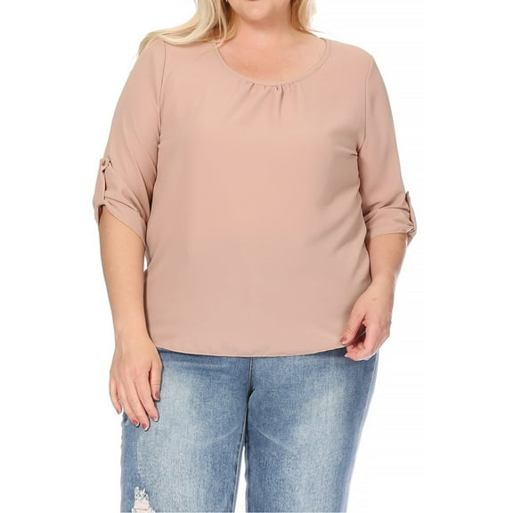 Women's Plus Size Casual Round Neck Top with Button Tab Sleeve