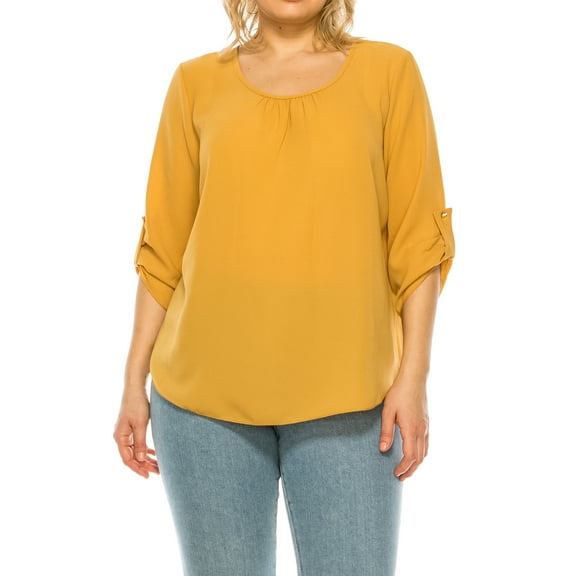 Women's Plus Size Casual Round Neck Top with Button Tab Sleeve